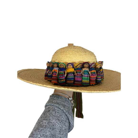 Guatemalan Worry Doll Woven Straw Hat Travel Tourist Coastal Vintage EUC - Picture 1 of 6